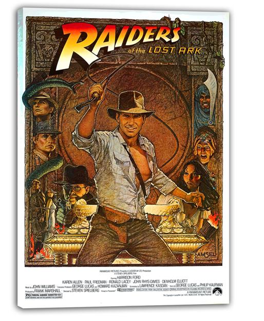 Raiders of the Lost Ark wall art print featuring Indiana Jones with his whip, surrounded by adventurers, a snake, and a glowing treasure altar.