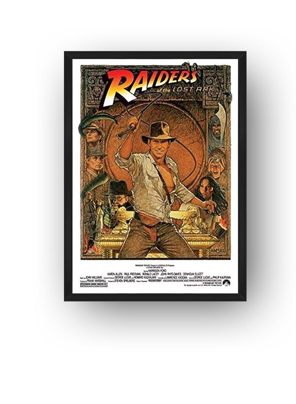 Raiders of the Lost Ark framed wall art print with Indiana Jones wielding a whip before an orange circular motif, temple figures, and gold relics.