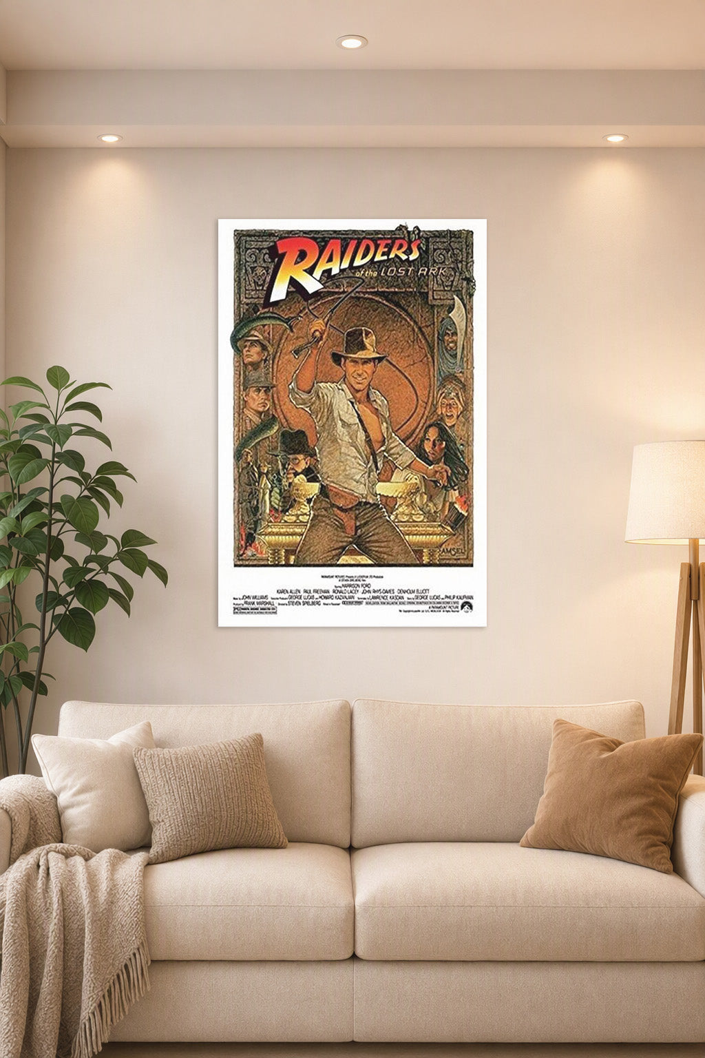 Raiders of the Lost Ark 1982 Movie in a bright living room above a beige sofa.