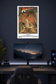 Raiders of the Lost Ark 1982 Movie in a gaming desk setup above a monitor.