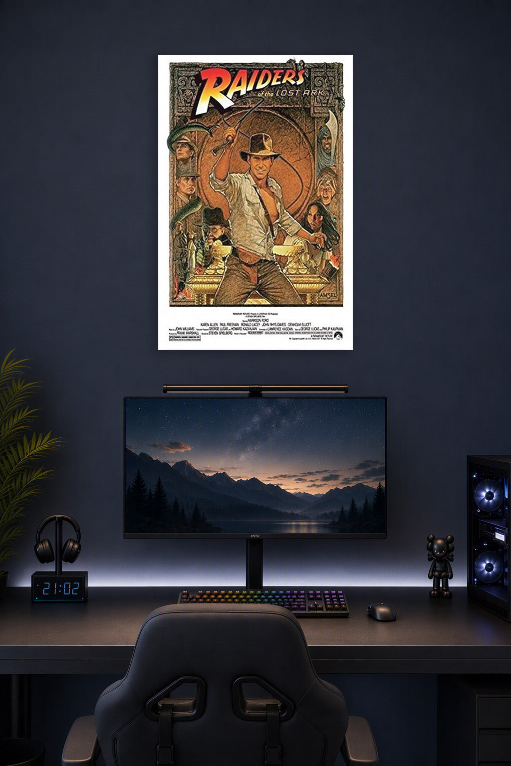 Raiders of the Lost Ark 1982 Movie in a gaming desk setup above a monitor.