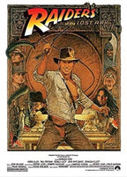 Raiders of the Lost Ark poster with Indiana Jones raising a whip amid temple carvings, faces, snakes, and gold artifacts.