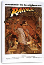 Raiders of the Lost Ark canvas wall art print with Indiana Jones holding a whip amid carved stone borders, snakes, golden artifacts, and character portraits.