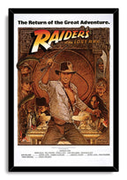 Raiders of the Lost Ark framed wall art print featuring Indiana Jones and his whip, surrounded by snakes, artifacts, character portraits, and a black border.