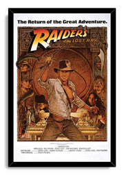 Raiders of the Lost Ark framed wall art print featuring Indiana Jones and his whip, surrounded by snakes, artifacts, character portraits, and a black border.