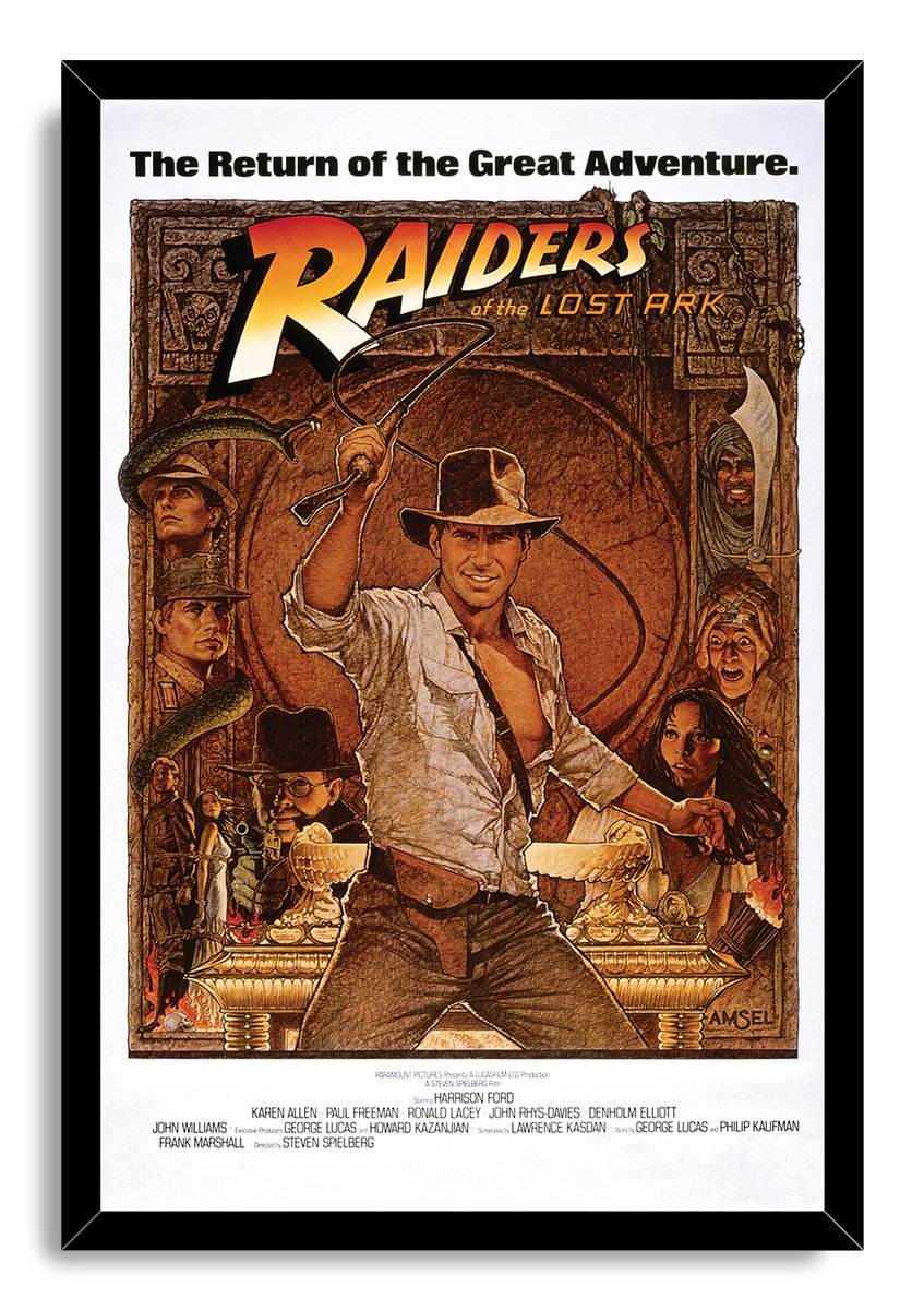 Raiders of the Lost Ark framed wall art print featuring Indiana Jones and his whip, surrounded by snakes, artifacts, character portraits, and a black border.