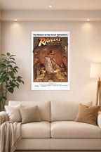 Raiders of the Lost Ark Indiana Jones in a bright living room above a beige sofa.