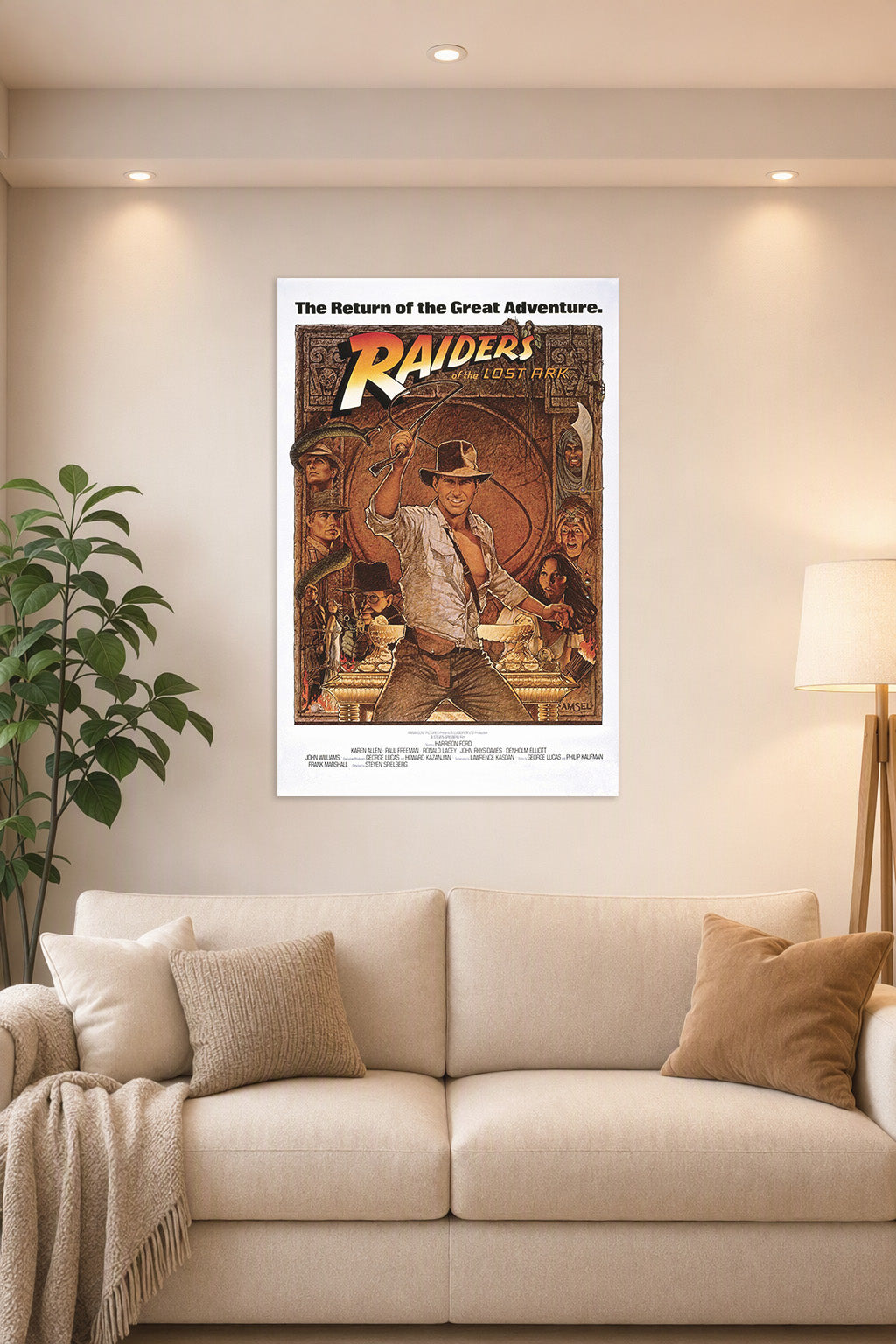 Raiders of the Lost Ark Indiana Jones in a bright living room above a beige sofa.