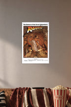 Raiders of the Lost Ark Indiana Jones in a cozy movie room above a brown sofa with popcorn.