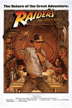 Raiders of the Lost Ark poster print featuring Indiana Jones with a raised whip, ancient carvings, snakes, and supporting characters in earthy brown and gold tones.