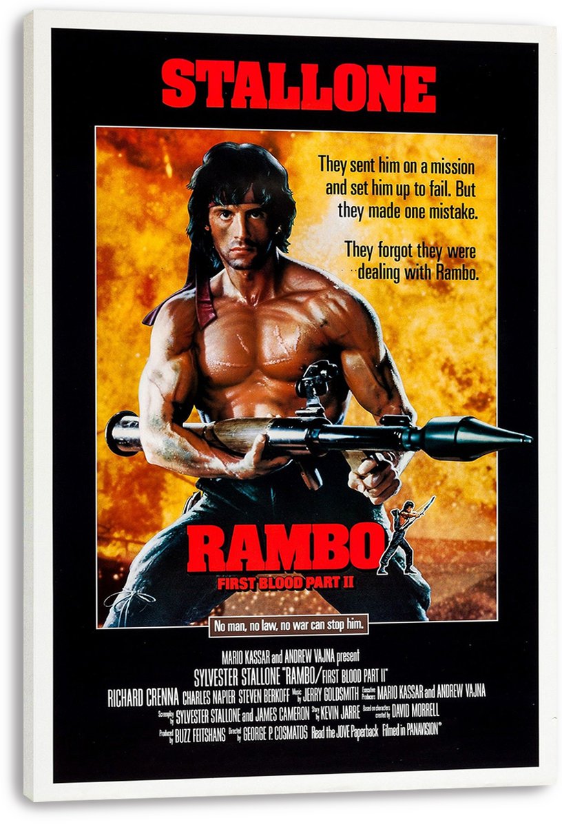 Rambo: First Blood Part II wall art print on a white-edged canvas features Stallone with a rocket launcher and red title text.