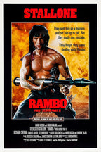 Rambo: First Blood Part II poster features Sylvester Stallone holding a rocket launcher against a fiery orange background.