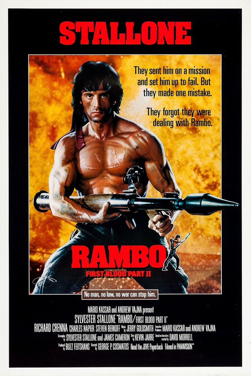 Rambo: First Blood Part II poster features Sylvester Stallone holding a rocket launcher against a fiery orange background.