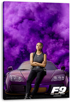 F9 The Fast Saga canvas wall art print featuring Ramsey on a purple sports car against dense purple smoke.