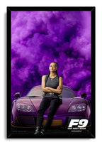 F9 The Fast Saga framed wall art print with Ramsey seated before a purple sports car and dramatic violet clouds.