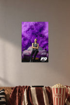 Ramsey F9 Fast & Furious Movie in a cozy movie room above a brown sofa with popcorn.