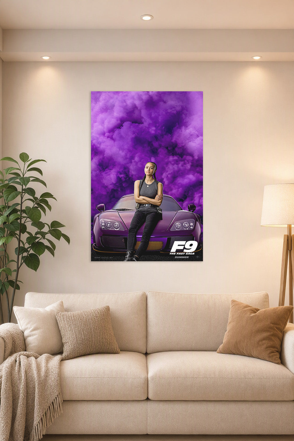 Ramsey F9 Fast & Furious Movie in a bright living room above a beige sofa.