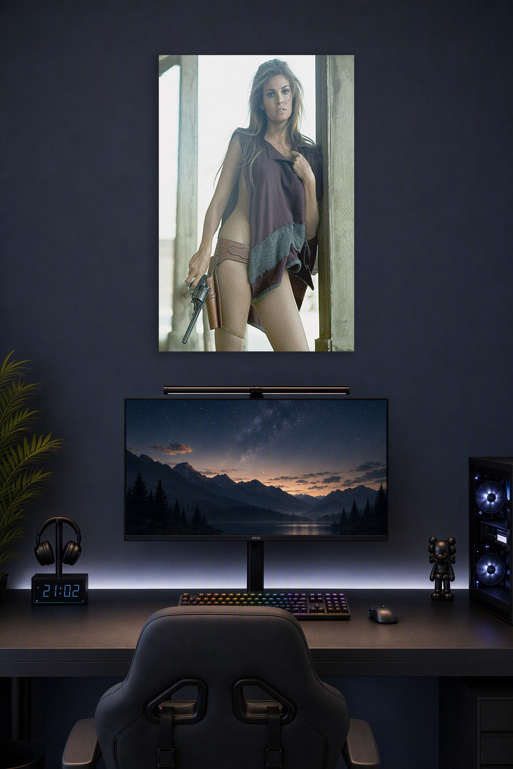 Raquel Welch in a gaming desk setup above a monitor.