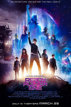 Ready Player One poster wall art featuring a visor-wearing hero raising his fist, surrounded by futuristic characters and neon worlds.