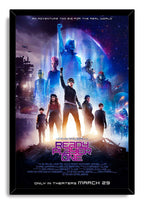 Ready Player One framed wall art print with a black border, neon sci-fi heroes, a glowing planet, and the purple film title.
