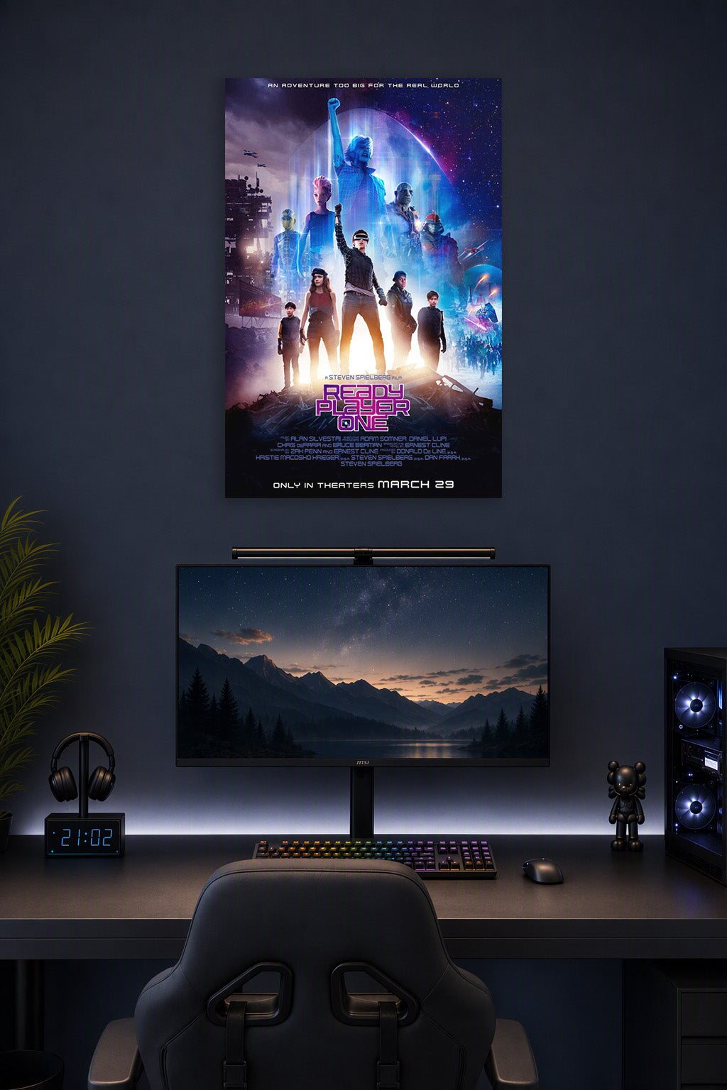 Ready Player One Movie in a gaming desk setup above a monitor.