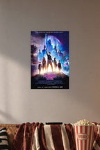 Ready Player One Movie in a cozy movie room above a brown sofa with popcorn.
