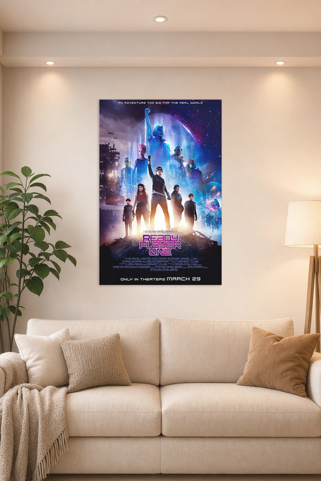 Ready Player One Movie in a bright living room above a beige sofa.