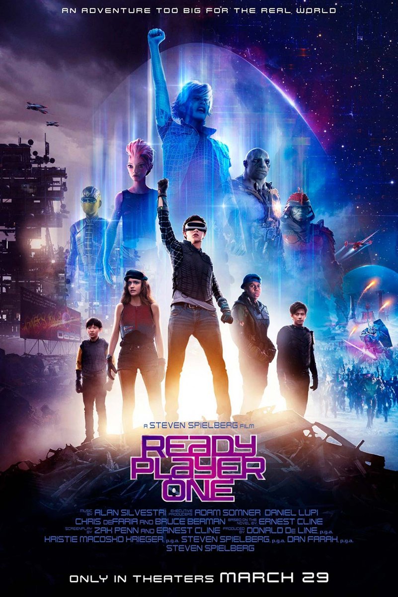 Ready Player One movie poster wall art with heroes and digital avatars beneath a glowing blue planet and starry sky.
