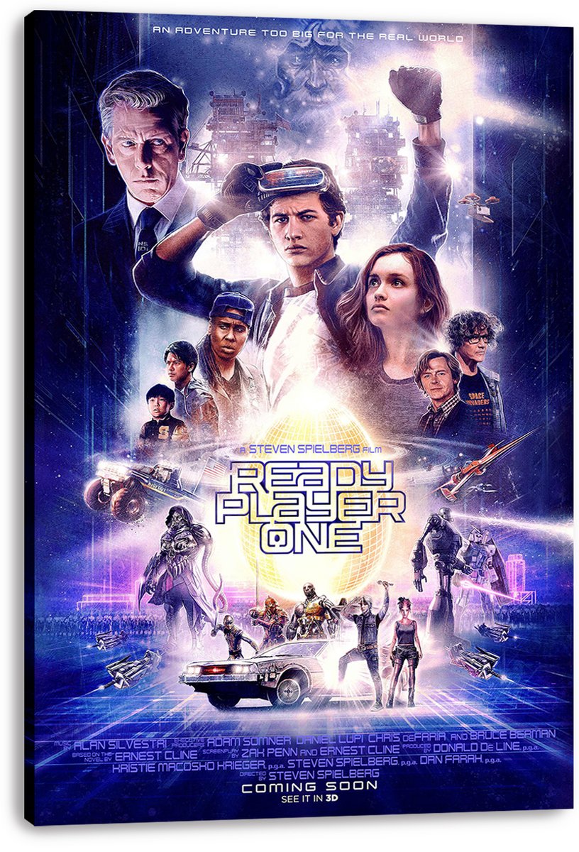Ready Player One movie poster canvas wall art featuring the cast around a glowing title, futuristic vehicles, robots, and blue-purple grid landscape.