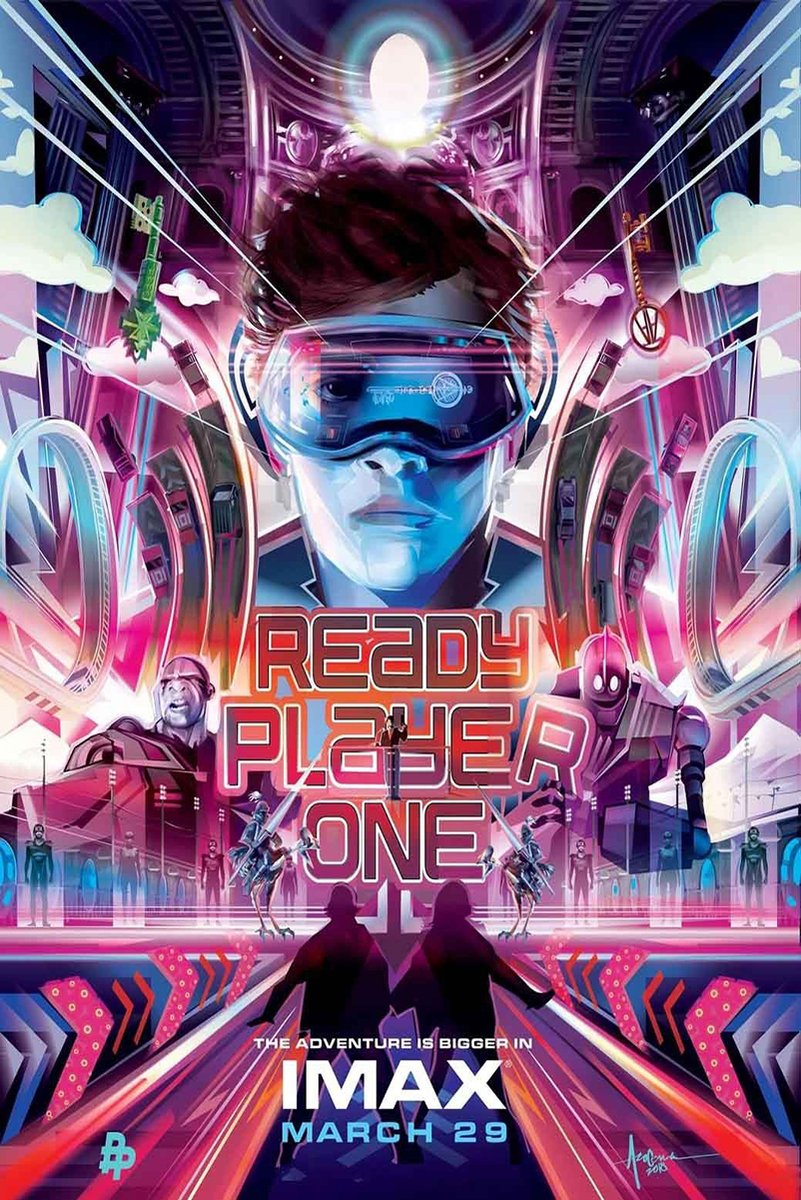 Ready Player One wall art print with a futuristic visor-clad hero, arcade-like tunnels, clouds, robots, and IMAX March 29 lettering.