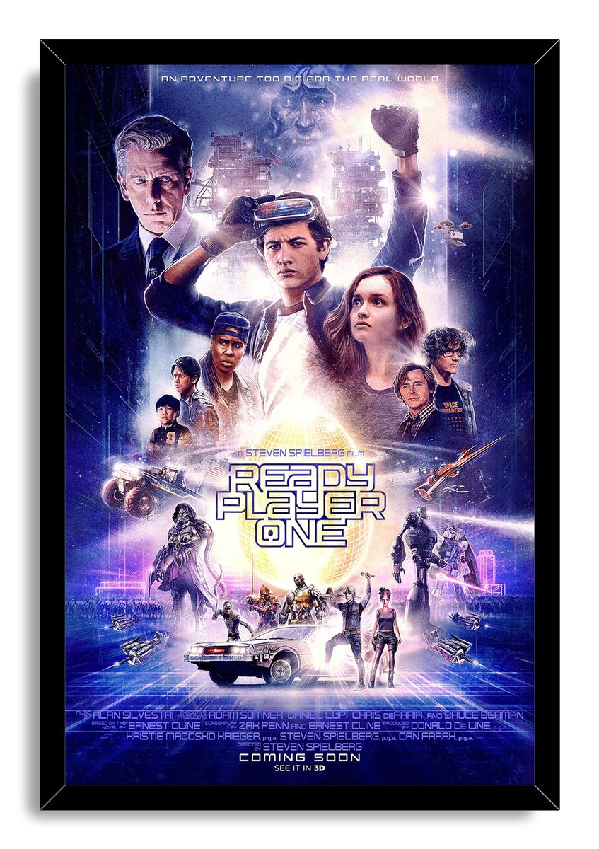 Ready Player One framed wall art print with a black border, ensemble characters, DeLorean, flying craft, and luminous futuristic city scene.