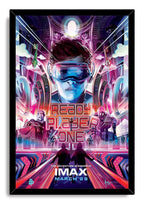 Ready Player One framed wall art print in a black frame, featuring a VR hero amid neon magenta and blue sci-fi characters.