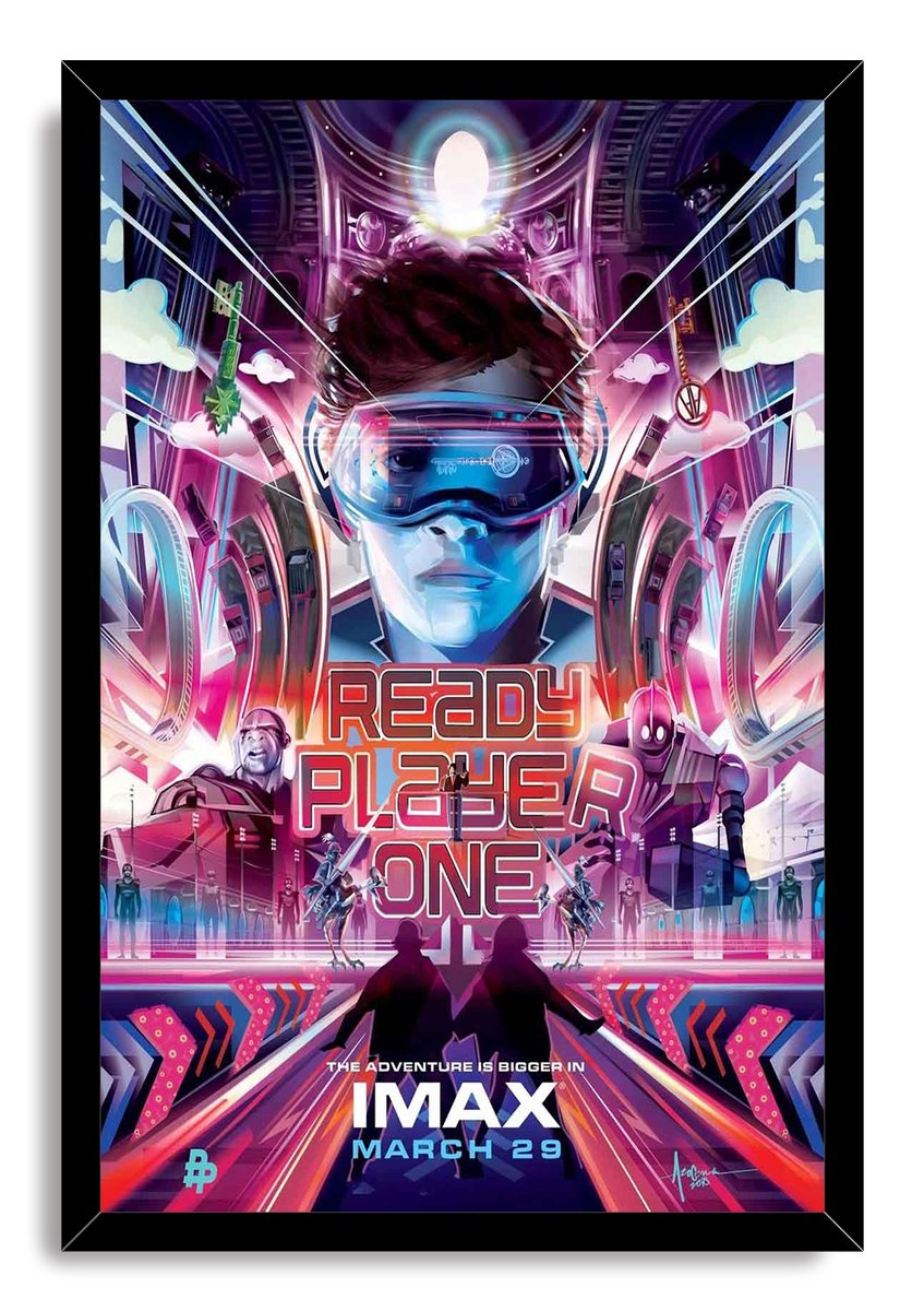 Ready Player One framed wall art print in a black frame, featuring a VR hero amid neon magenta and blue sci-fi characters.