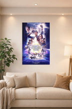 Ready Player One Movie Poster in a bright living room above a beige sofa.