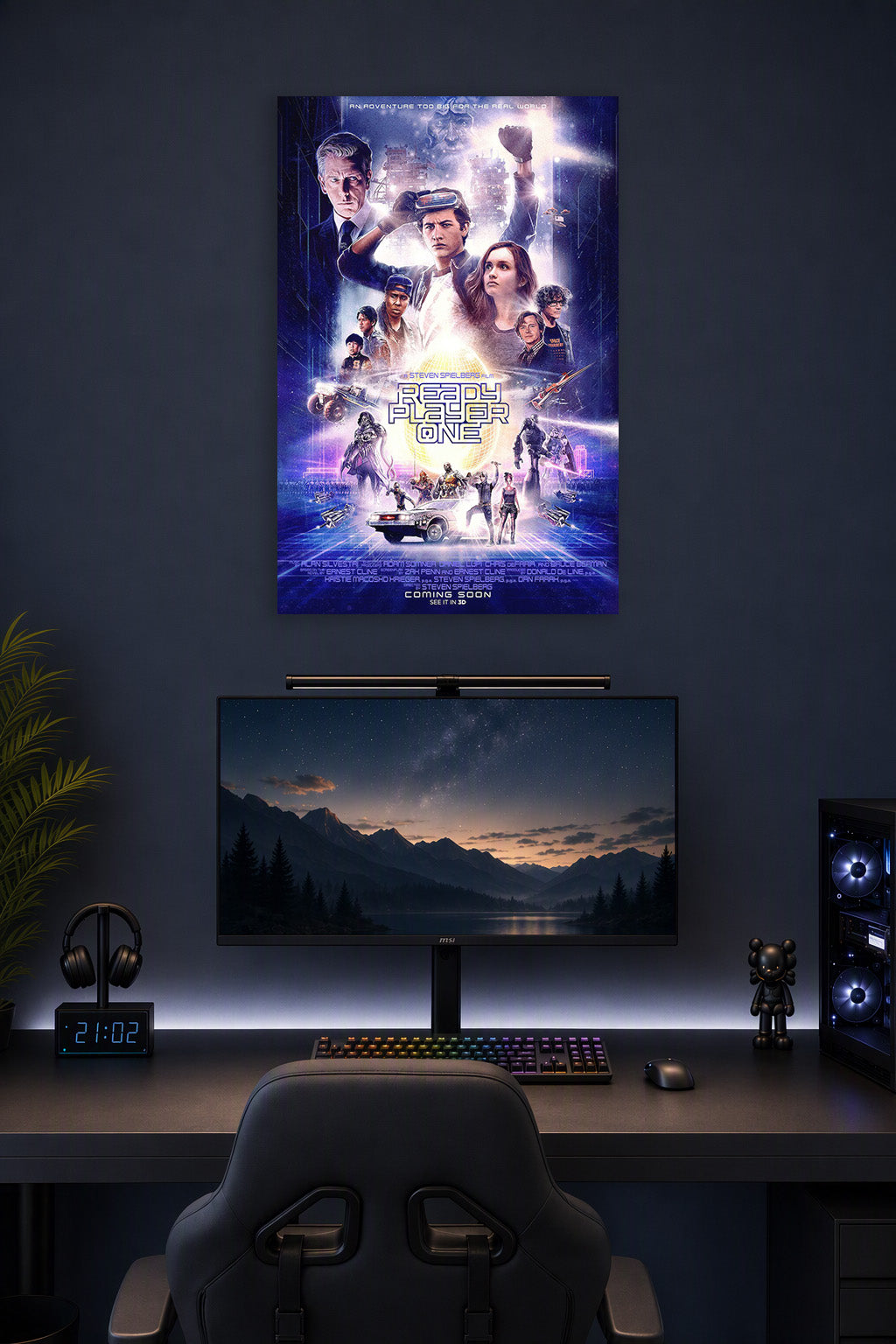 Ready Player One Movie Poster in a gaming desk setup above a monitor.