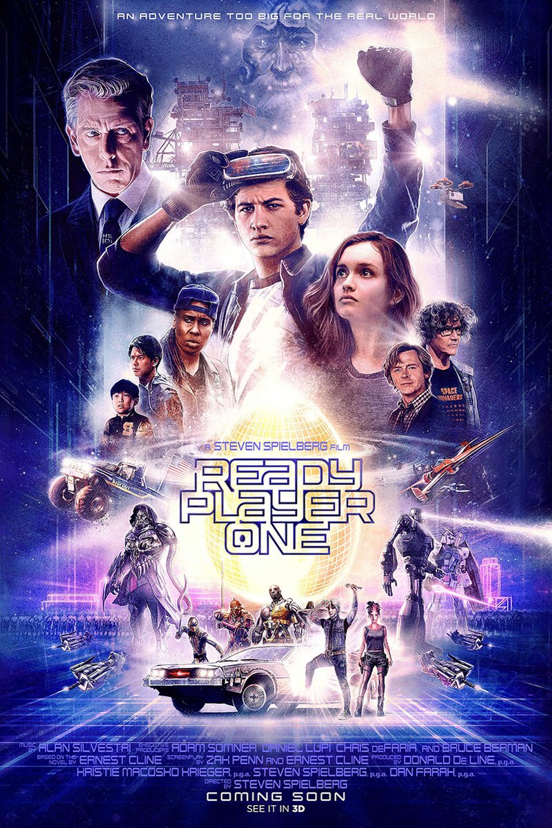 Ready Player One movie poster wall art print with a goggled hero, ensemble cast, DeLorean, robots, and neon blue sci-fi cityscape.