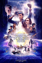 Ready Player One movie poster wall art print with a goggled hero, ensemble cast, DeLorean, robots, and neon blue sci-fi cityscape.