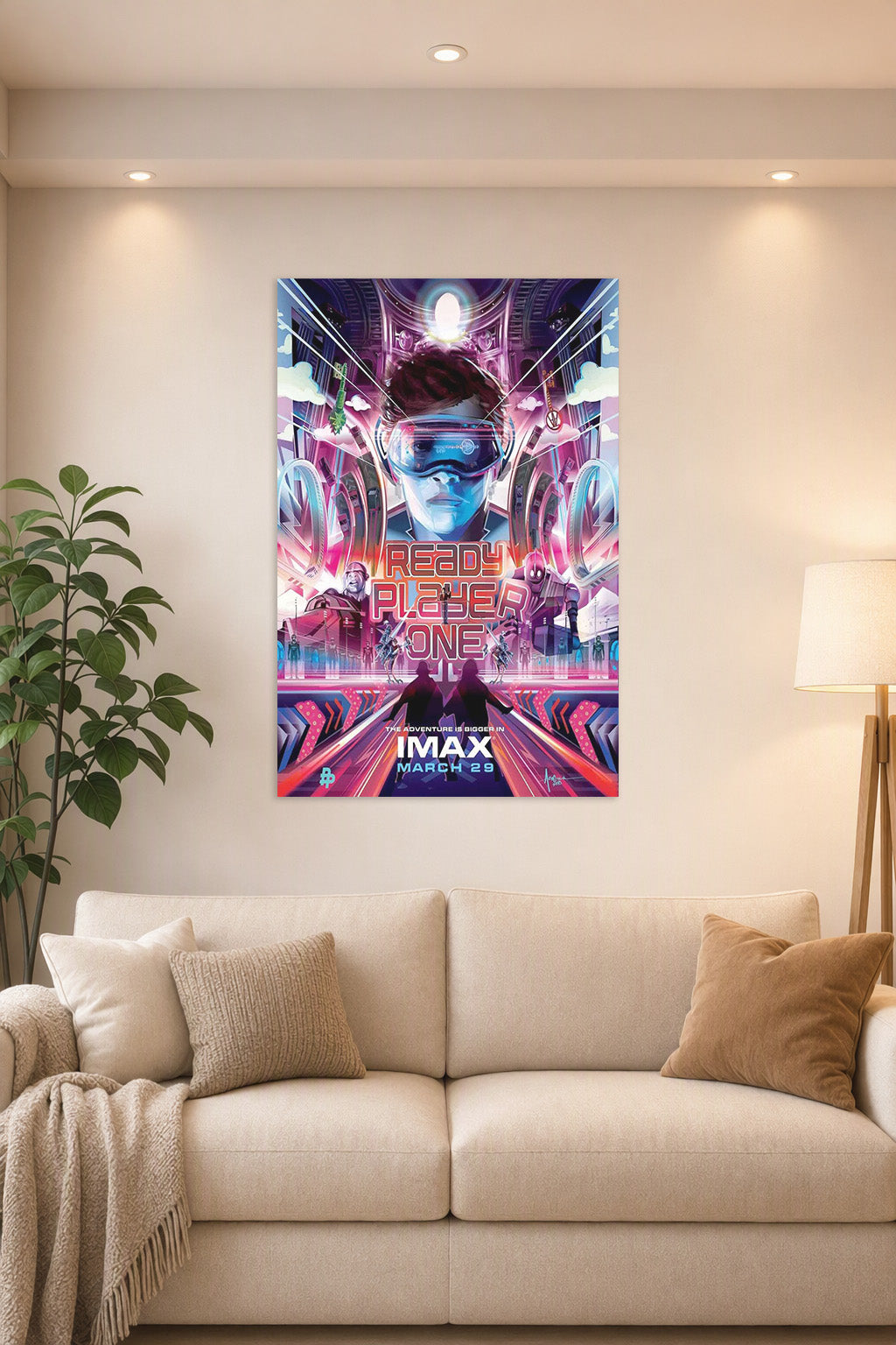 Ready Player One Movie Poster in a bright living room above a beige sofa.