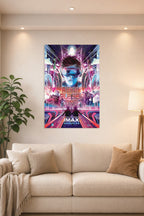 Ready Player One Movie Poster in a bright living room above a beige sofa.