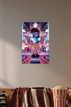 Ready Player One Movie Poster in a cozy movie room above a brown sofa with popcorn.