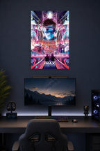 Ready Player One Movie Poster in a gaming desk setup above a monitor.
