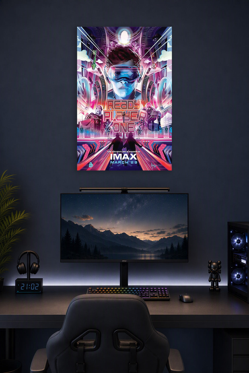 Ready Player One Movie Poster in a gaming desk setup above a monitor.