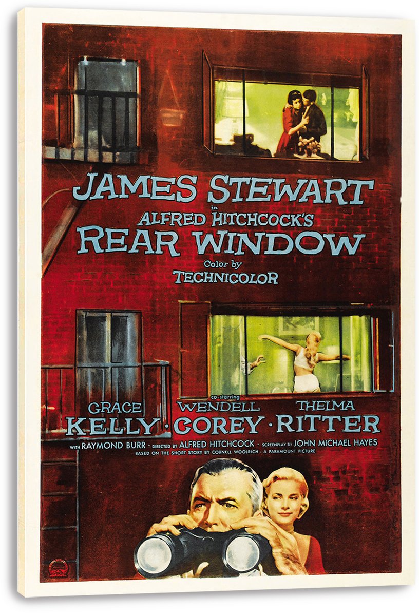 Rear Window wall art print on a white-edged canvas features James Stewart with binoculars beneath apartment windows and bold blue title text.