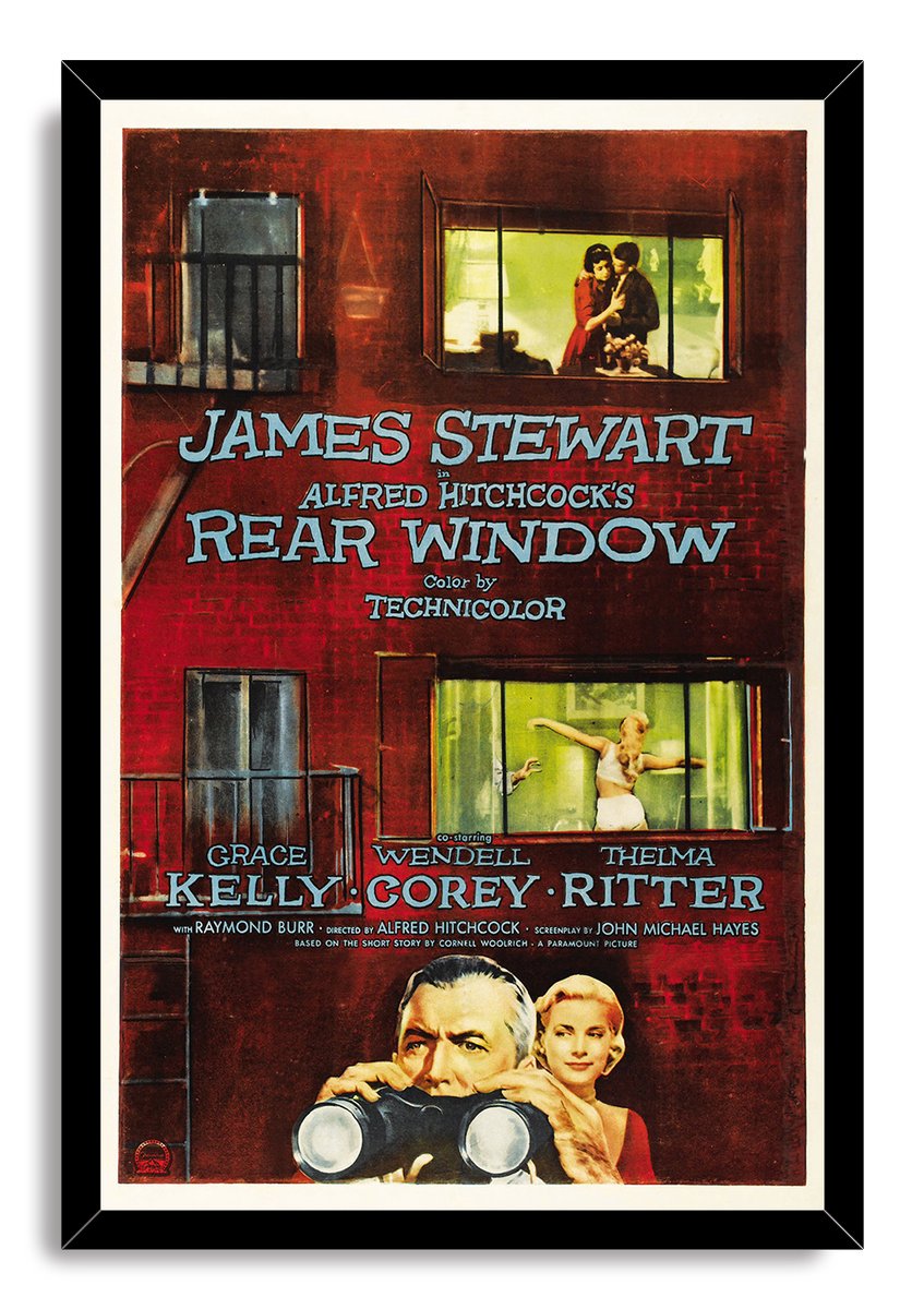 Framed Rear Window poster presents James Stewart holding binoculars, Grace Kelly, window scenes, and deep red brick artwork in a black frame.