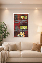 Rear Window Movie Poster in a bright living room above a beige sofa.