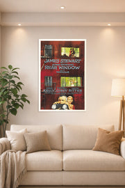 Rear Window Movie Poster in a bright living room above a beige sofa.