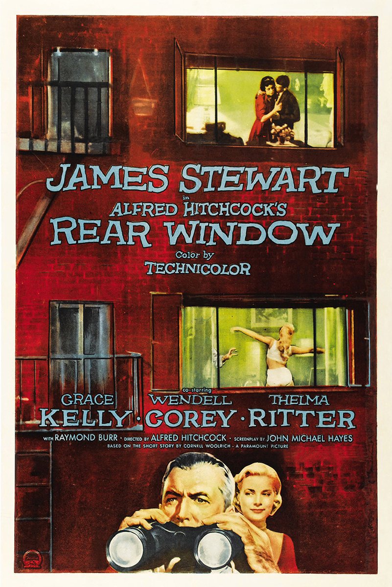 Rear Window poster features James Stewart with binoculars, Grace Kelly, and apartment windows on a deep red brick facade.