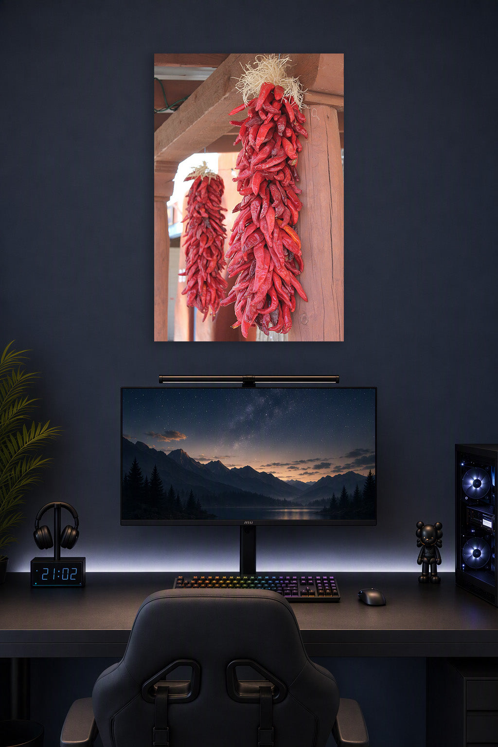 Red Chili Ristras in a gaming desk setup above a monitor.