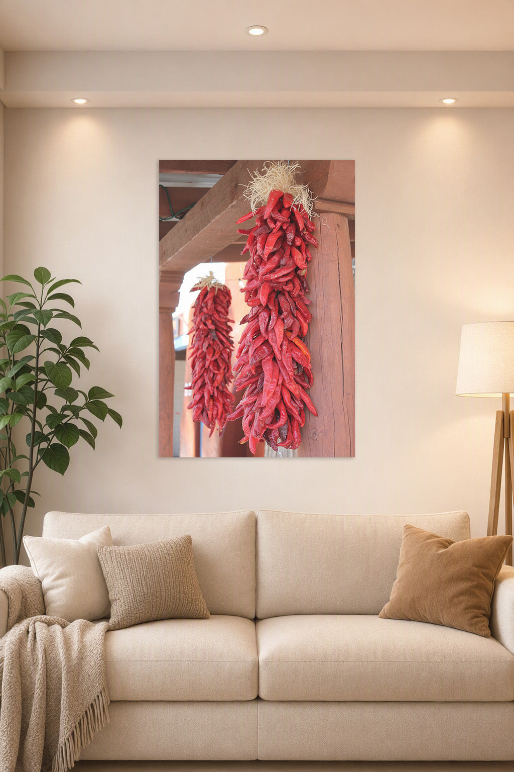 Red Chili Ristras in a bright living room above a beige sofa.