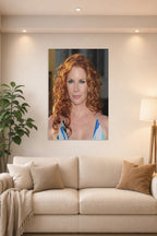 Redhead Celebrity in a bright living room above a beige sofa.